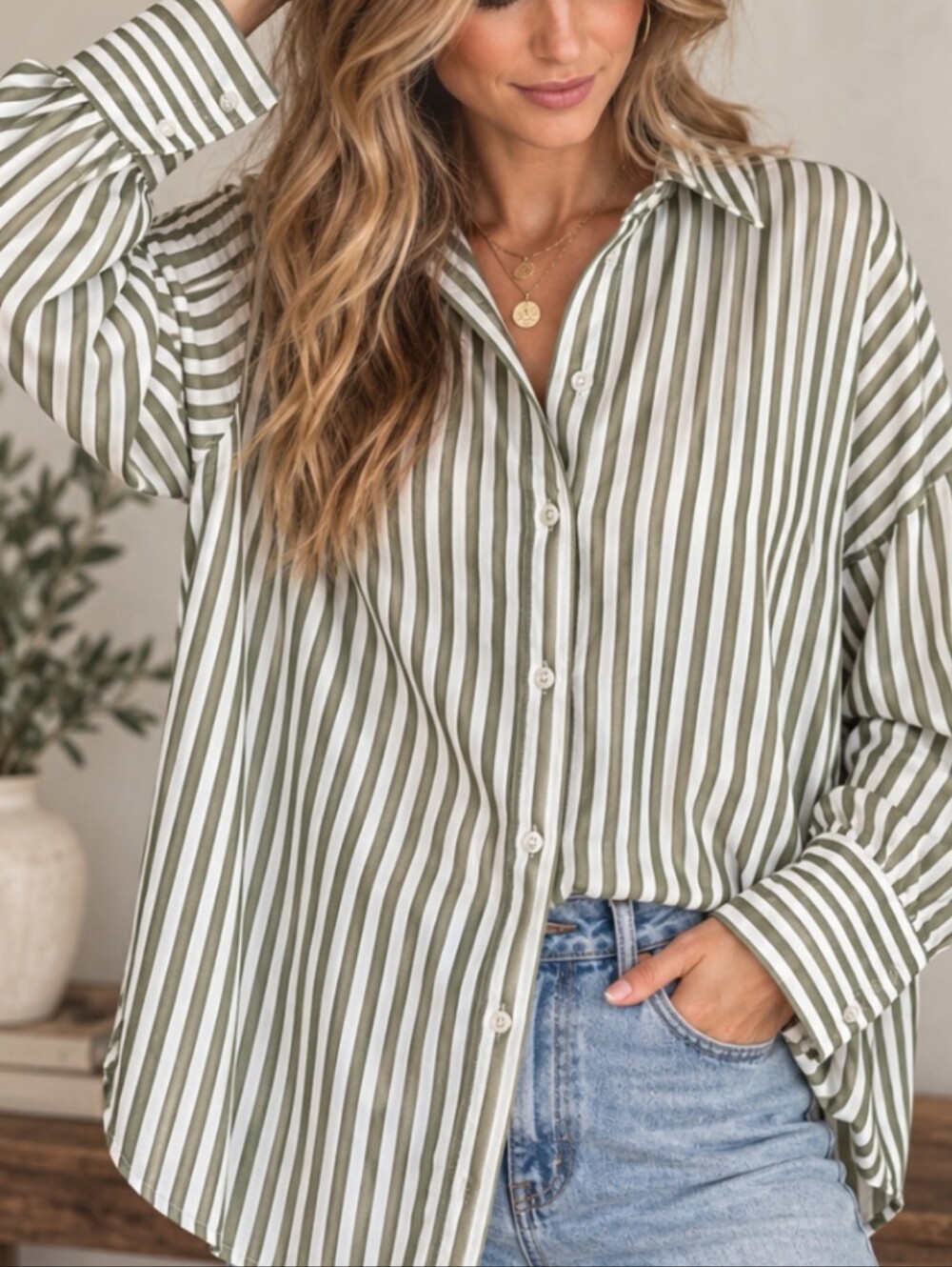 Zara Olive Green White Striped Oversized Button Dow Minimalist Boyfriend S